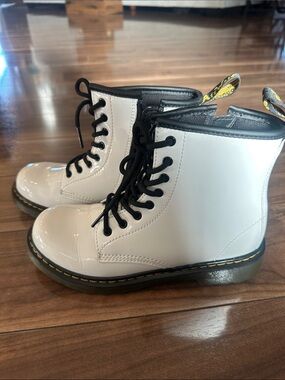 Dr. Martens White Patent Lace-Up Boots with Black Trim
